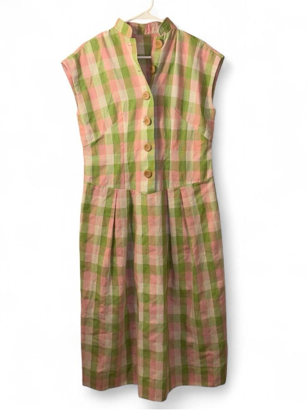 Sleeveless Pink & Green Plaid Midi Dress